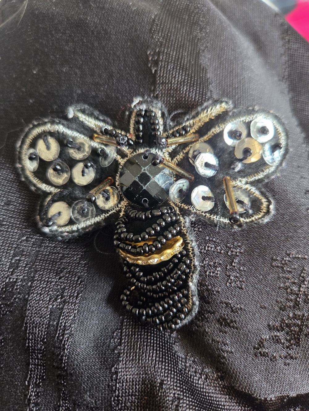 Black Zip-Front Women's Jacket with Beaded Bee Detail